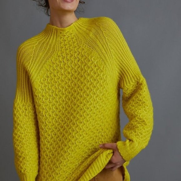 Anthropologie Bia Mock Neck Alpaca Blend Tunic Sweater in Neon Chartreuse XSMALL - Picture 2 of 13